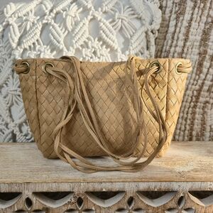 Mandrn Tan Leather Woven Small Shoulder Bag